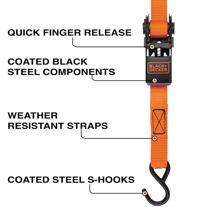 BLACK+DECKER BD1005 Black/Orange 1"" x 10' Ratchet Tie Down Straps - 300 lb Safe Working Load / 900 lb Break Strength  4 Pack - Image 2